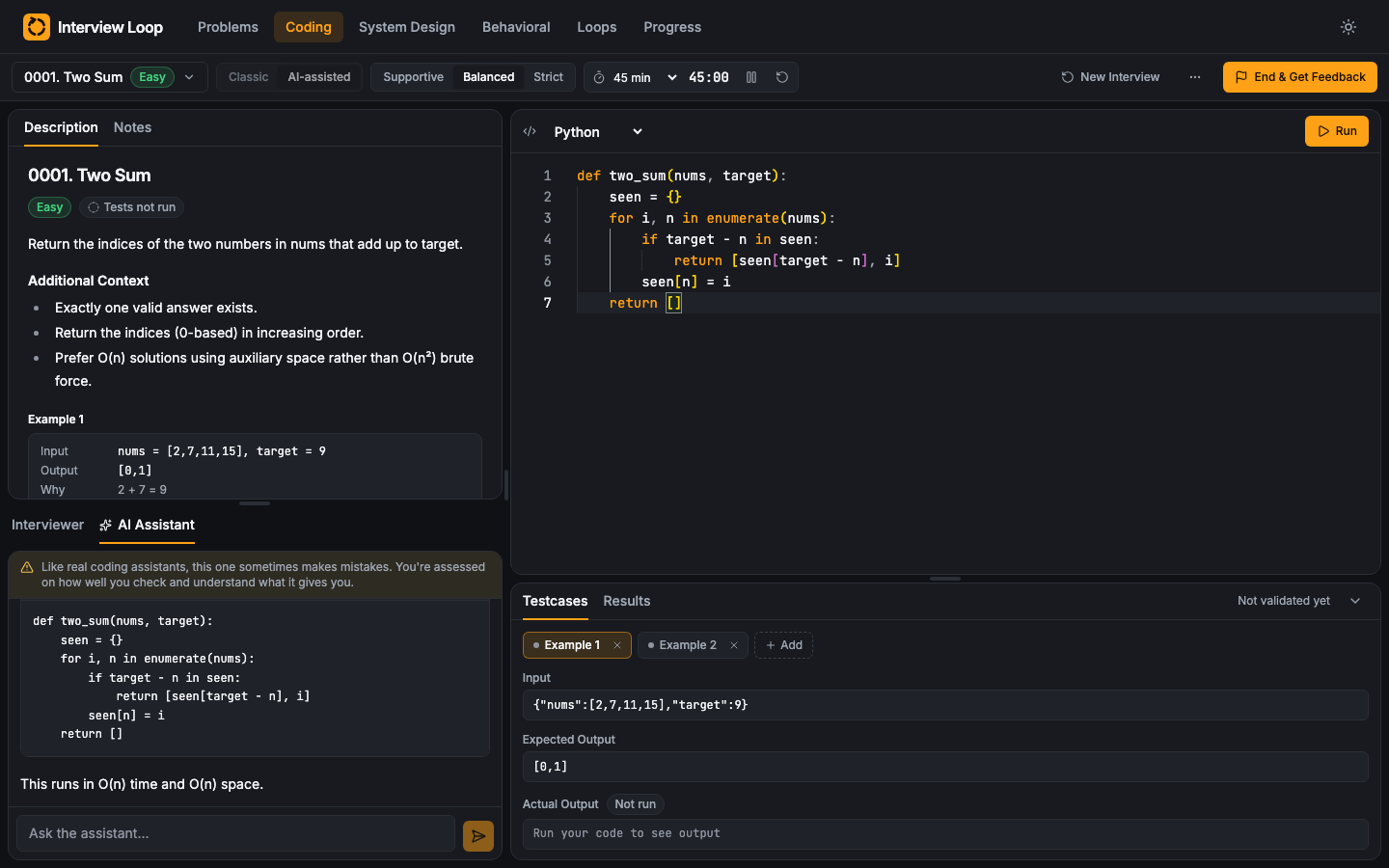 The coding workspace in AI-assisted mode: problem, interviewer and assistant chat, editor, and tests