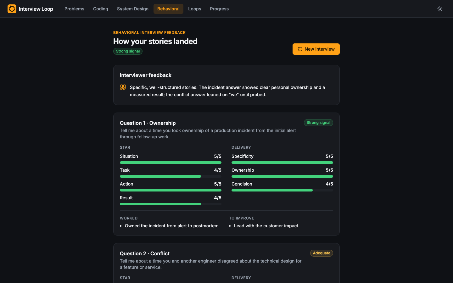 Behavioral feedback with STAR scores for each answer