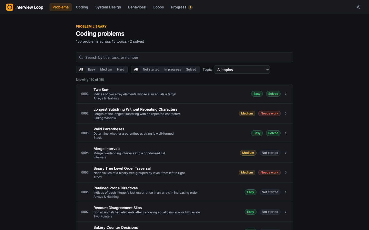 The problem library with search and filters